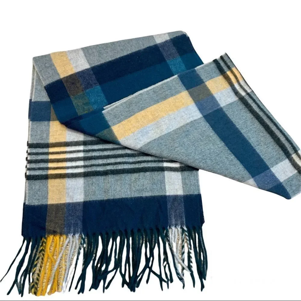 Etereo blue yellow plaid check warm fall winter soft scarf 💥